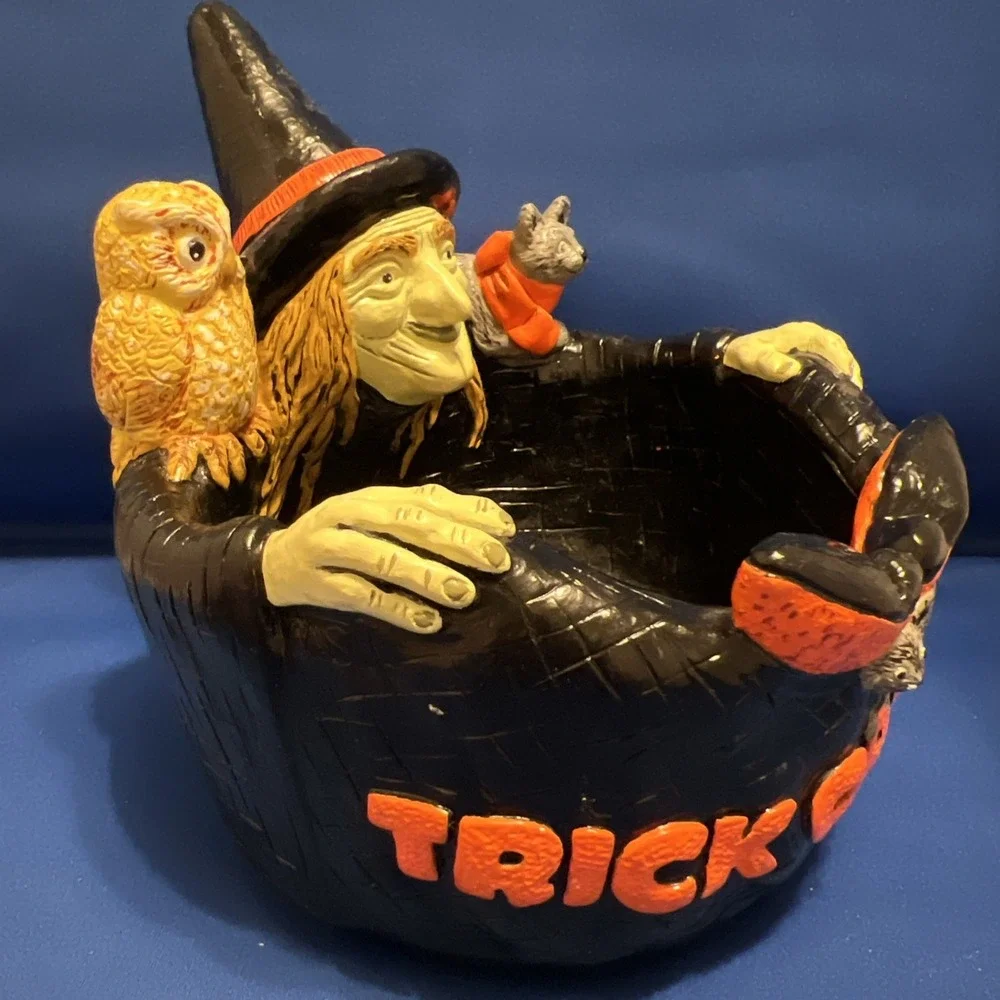 Vtg '85Accents Unltd Halloween Trick Or Treat Witch Owl Cat Chalkware Candy Bowl